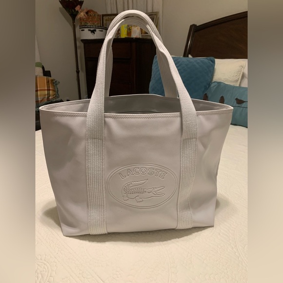 Lacoste OffWhite Large PreOwned Tote Bag inside clean outside blue light stains. - Picture 6 of 16
